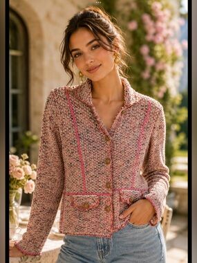 Sigrid Olsen Textured Knit Jacket Cardigan Pink Multi Tweed Look Size‎ Small NWT
